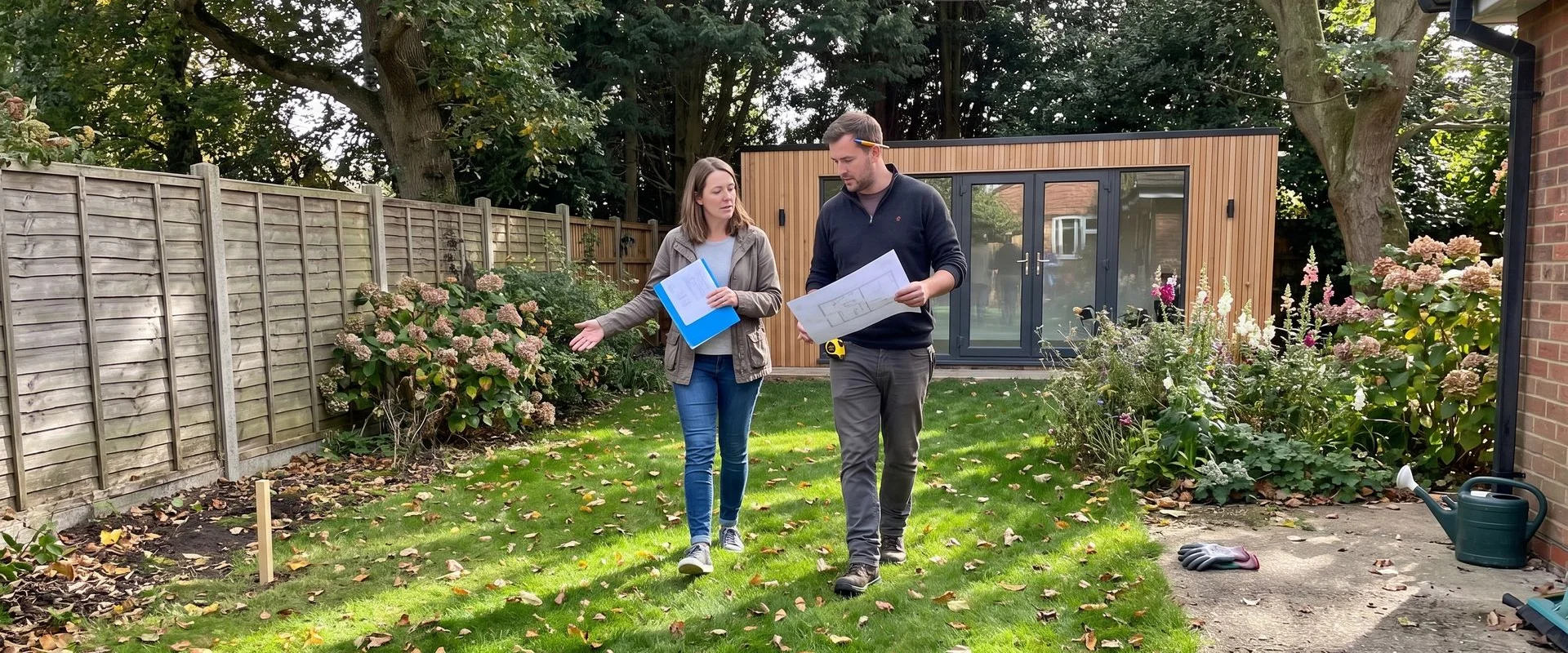 Homeowner and designer walking a Bedfordshire garden discussing a garden room build