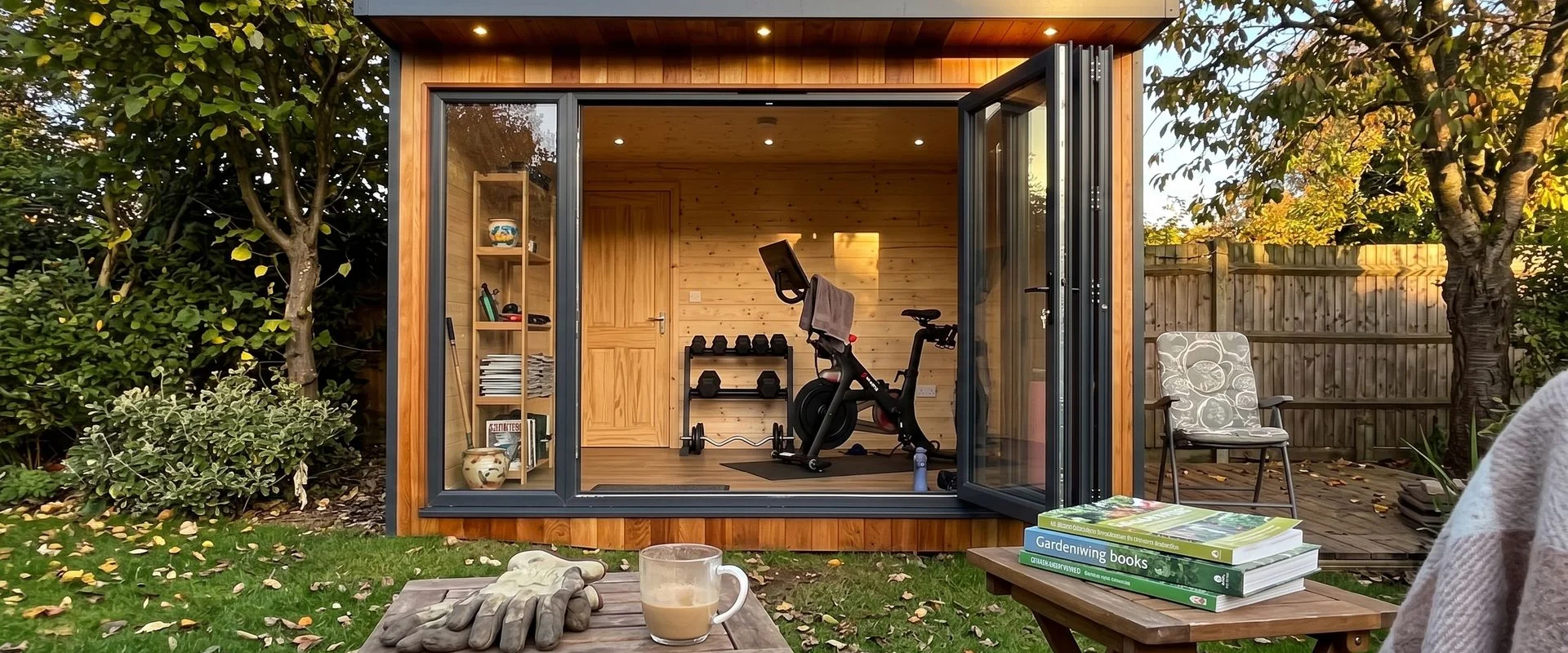 Wide shot of a bespoke garden room in a mature Bedfordshire garden at golden hour