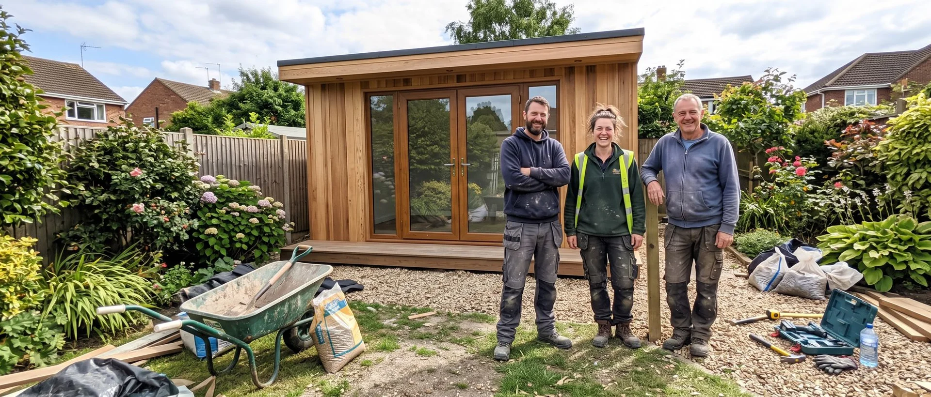 Bedfordshire Garden Rooms team in front of a completed bespoke garden office