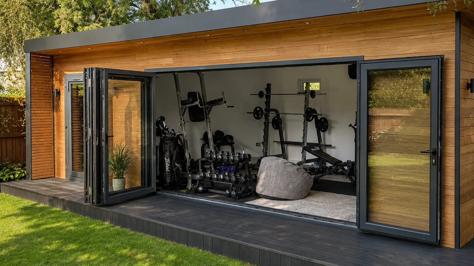 Bespoke insulated garden gym with rubber flooring and mirrors in a Bedfordshire garden