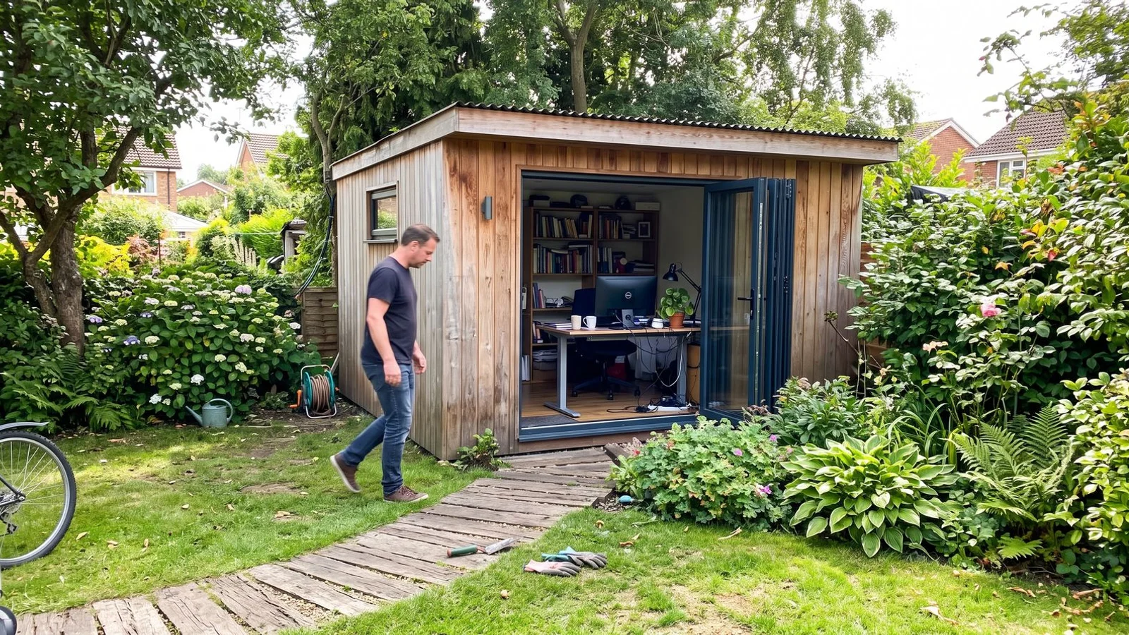 Bespoke insulated garden office with bifold doors in a Bedfordshire garden