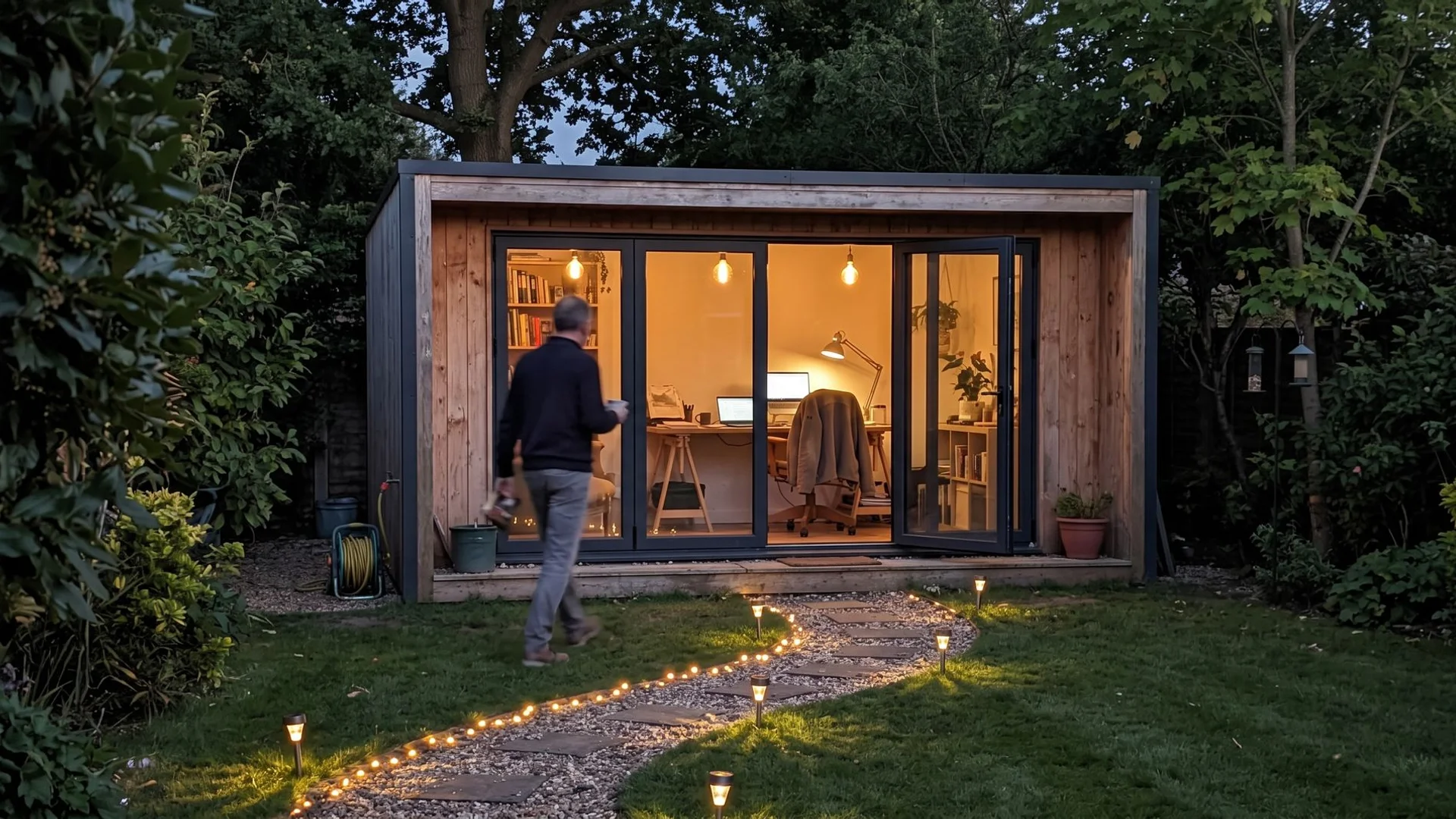 Bespoke insulated garden office in a Bedfordshire garden at dusk
