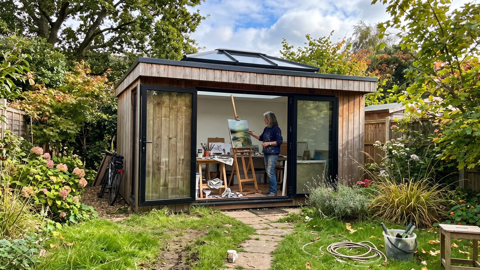 Bespoke garden studio with roof lanterns and aluminium doors in a Bedfordshire garden