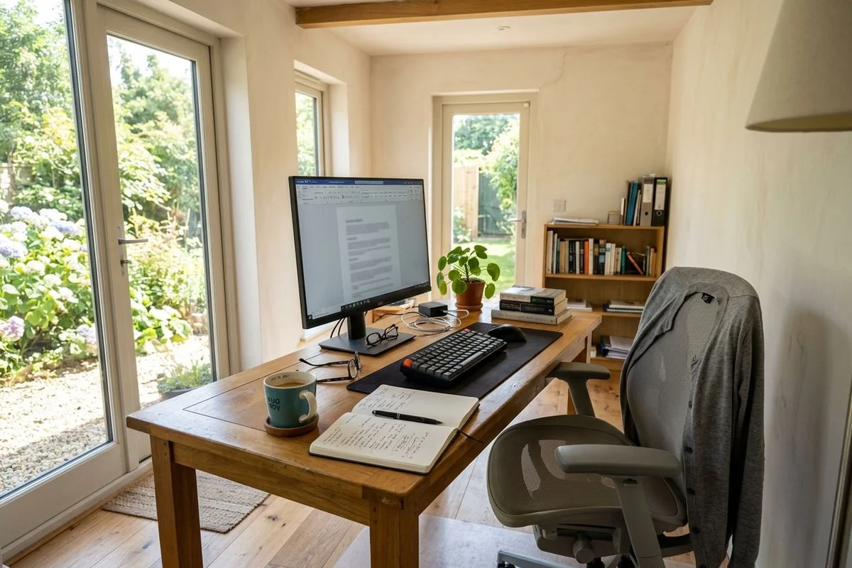 Bright interior of a Bedfordshire garden office set up for remote work