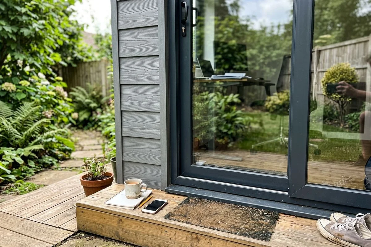 Detail of aluminium sliding doors and composite cladding on a garden office