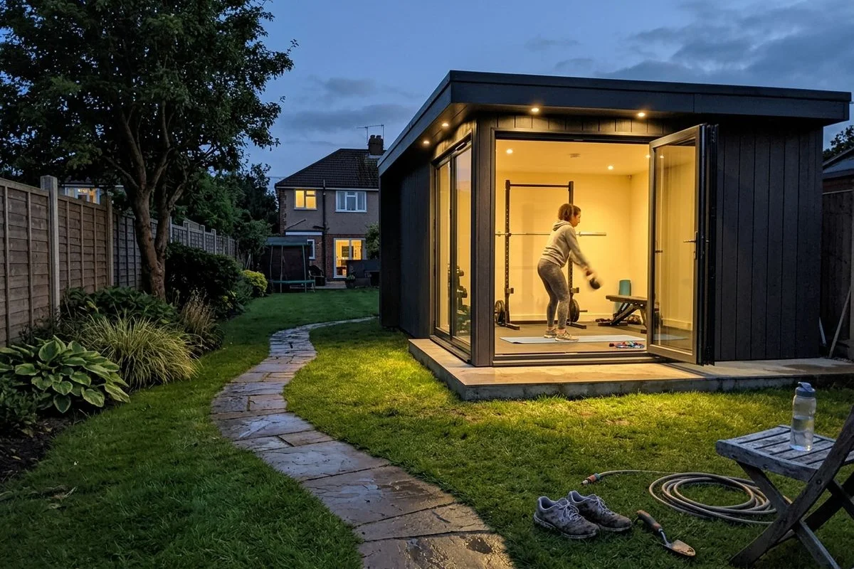 Exterior of a garden gym at dusk with aluminium doors and composite cladding
