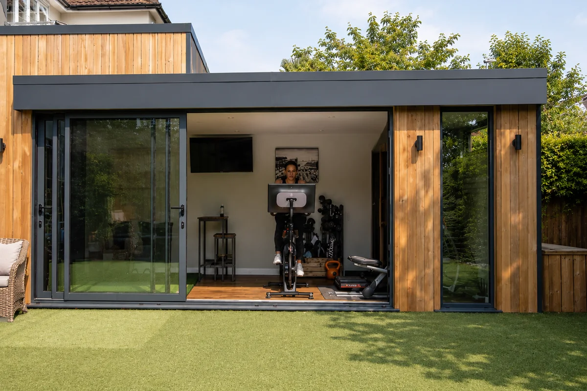 Interior of a garden gym with a rack, barbell and plates set up for strength training