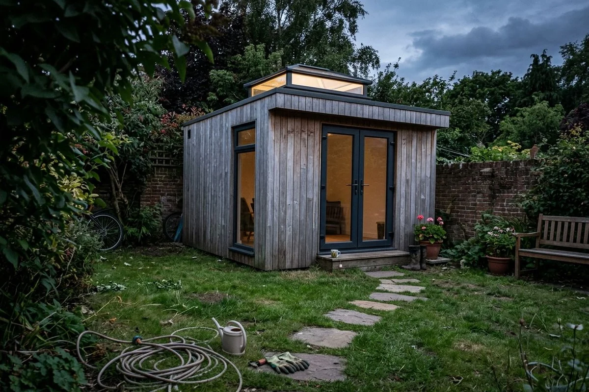 Exterior of a garden studio with larch cladding and roof lantern at dusk