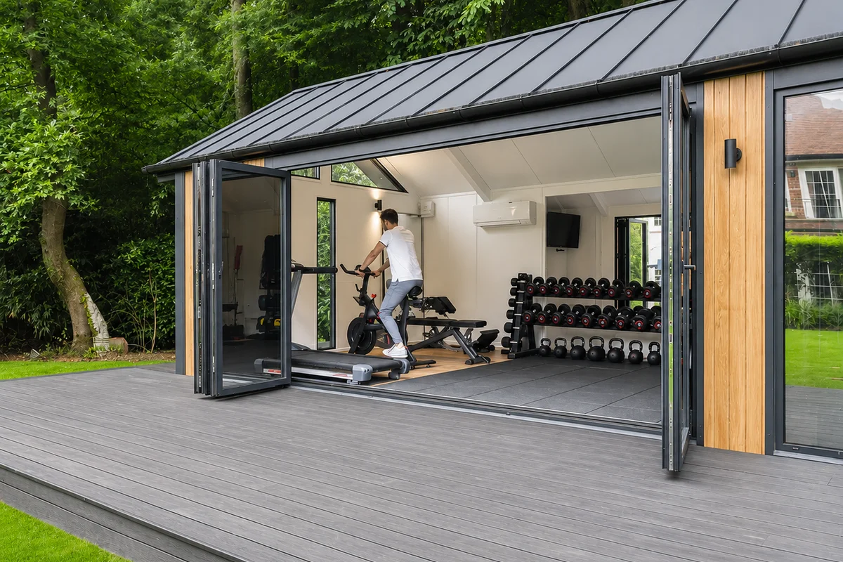 Homeowner mid-workout in a Bedfordshire garden gym