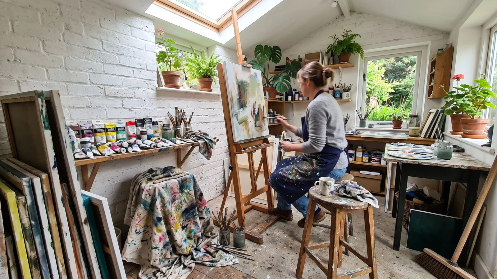Interior of a bespoke Bedfordshire garden art studio with skylight
