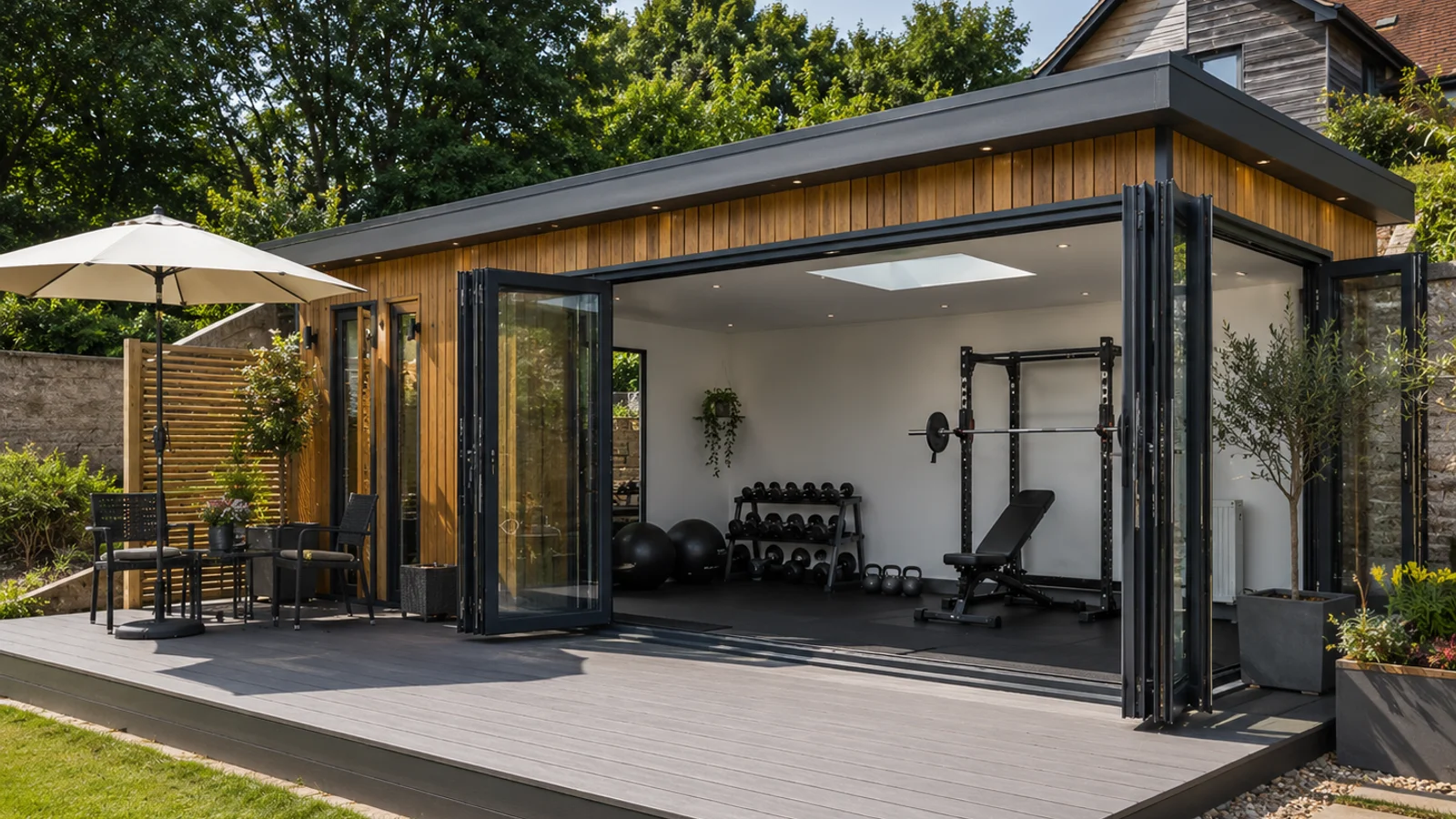 Interior of a Bedfordshire garden gym with power rack, barbell and rubber matting