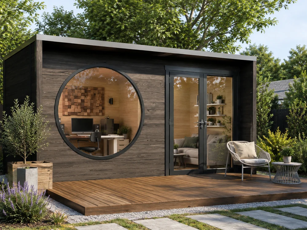Larch-clad garden room with aluminium sliding doors in Dunstable at dusk