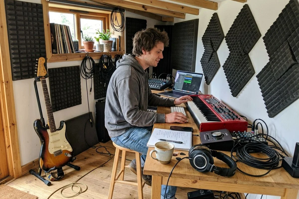 Music studio garden room with acoustic panels and recording equipment
