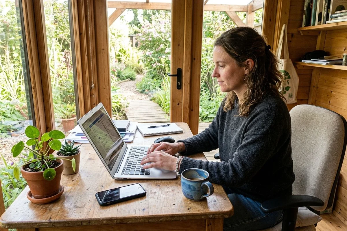 Homeowner working from a Bedfordshire garden office with a laptop
