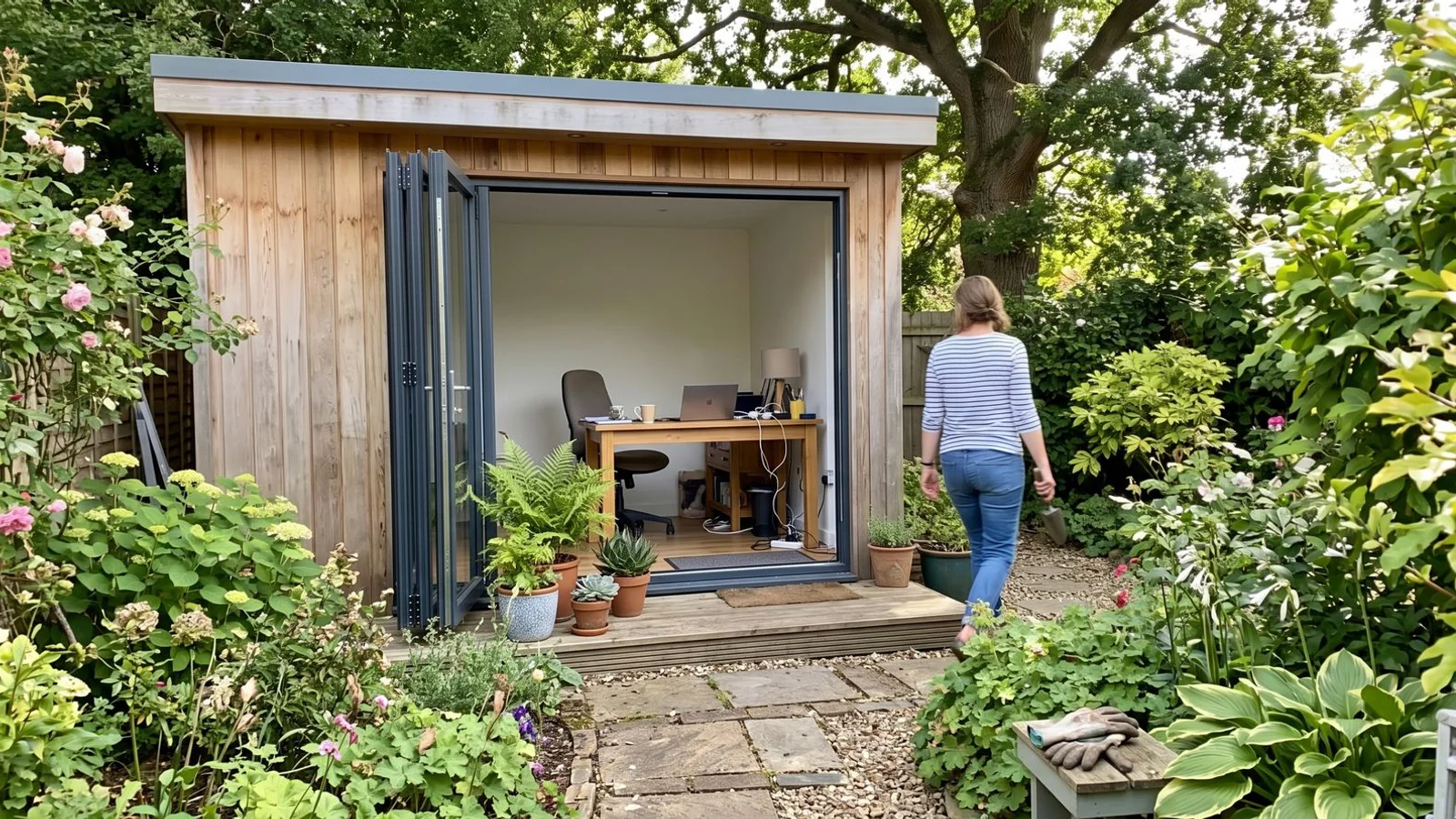Premium bespoke garden office with bifold doors in a Bedfordshire garden