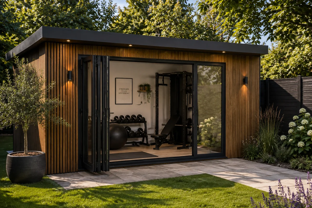 Full-height mirrors, rubber matting and air conditioning in a garden gym