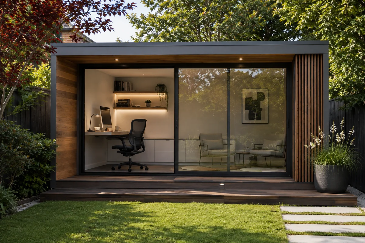 Wide shot of a bespoke garden office at dusk with warm interior lighting
